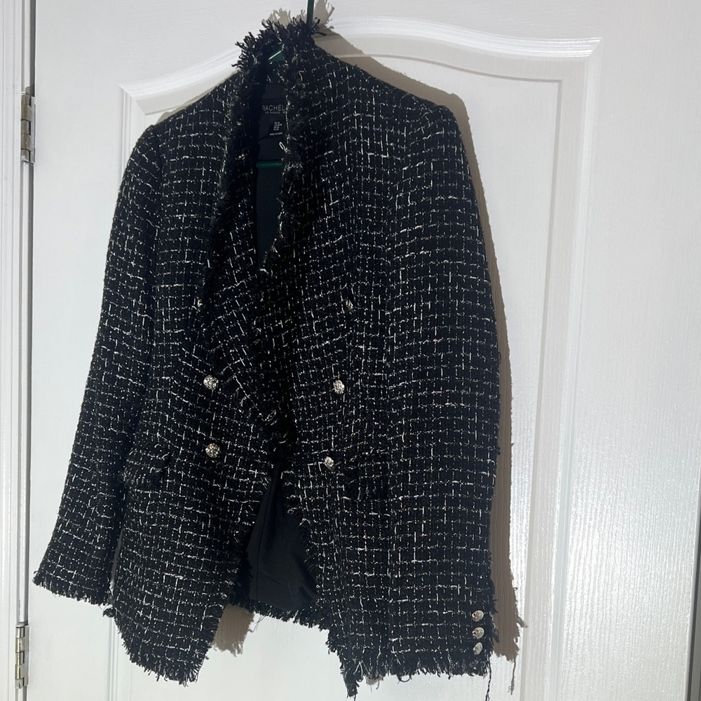 Rachel Zoe Black Tweed Fringe-Trim Double-Breasted Blazer